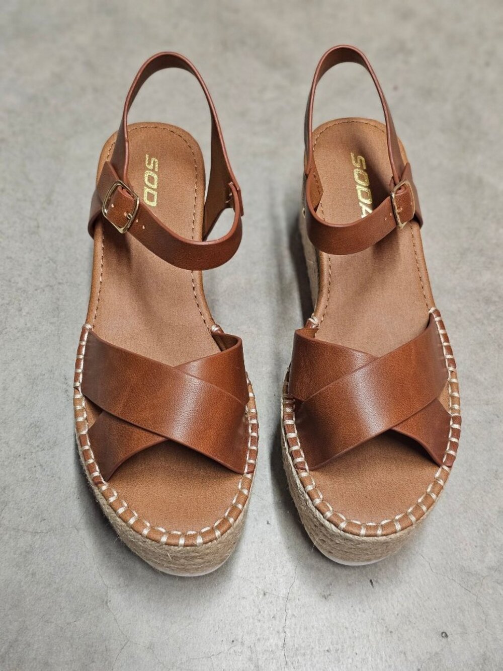 Tan Platform Espadrille Sandals With Buckle Strap Crisscross Upper & White Sole - Picture 6 of 16